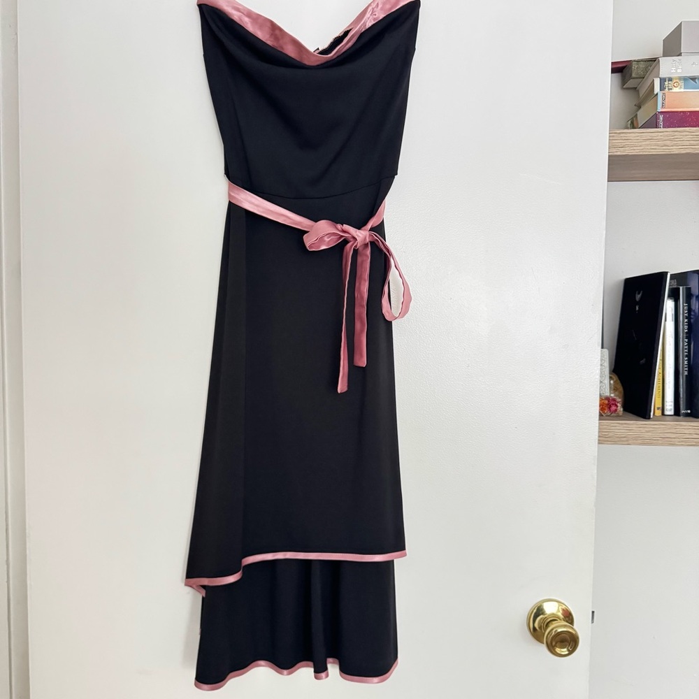 Vintage Black Strapless Dress with Pink Trim and Sash